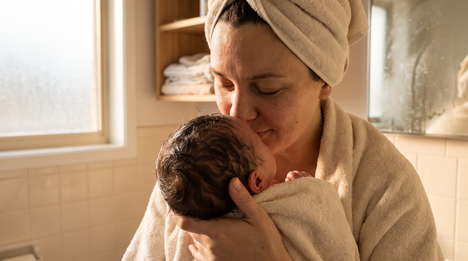 Mãe encostando o rosto na cabeça do bebê recém-banhado, respirando o cheiro dele.
