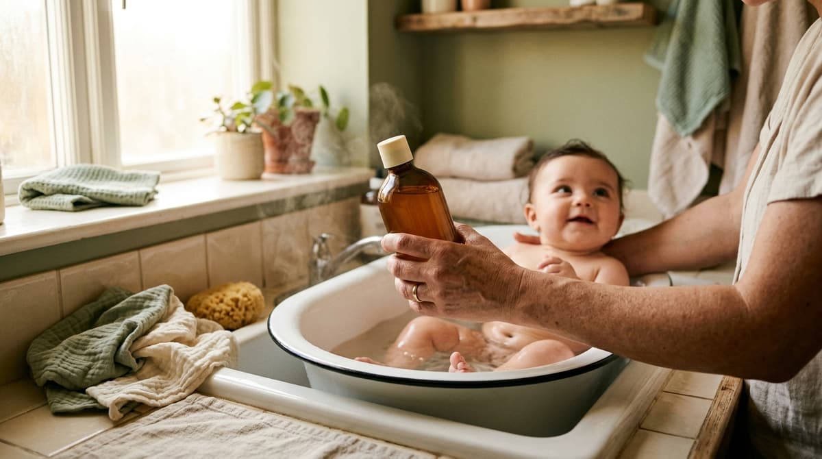 Mãe segurando um frasco de sabonete líquido enquanto dá banho no bebê, luz natural quente.